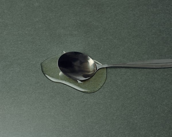 A metal spoon full of syrup sits on a grey surface